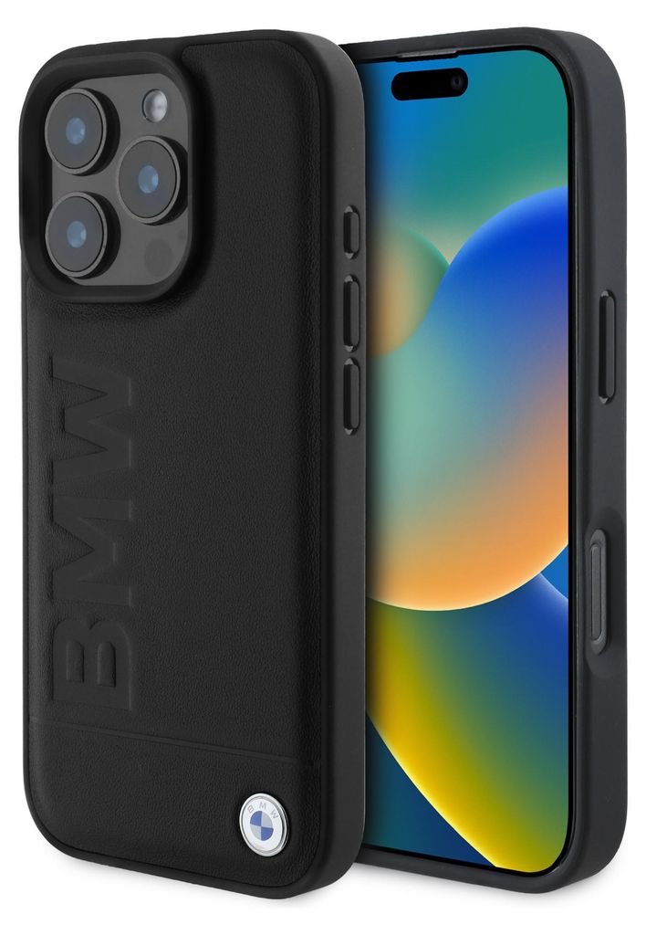 Hülle iPhone 16 Pro BMW Echtleder schwarz Logo Metall Produktbild 