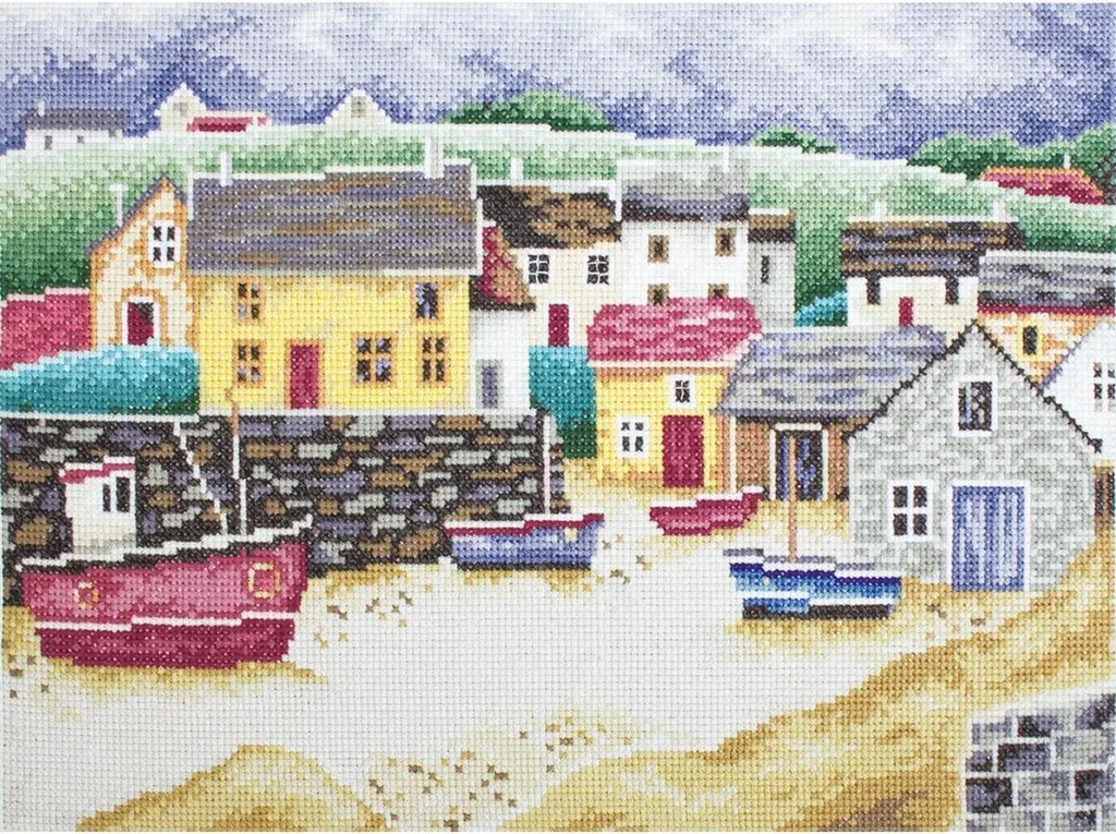 Kit broderie RTO M390 paysage côtier 31x22 cm fils coton haute qualité