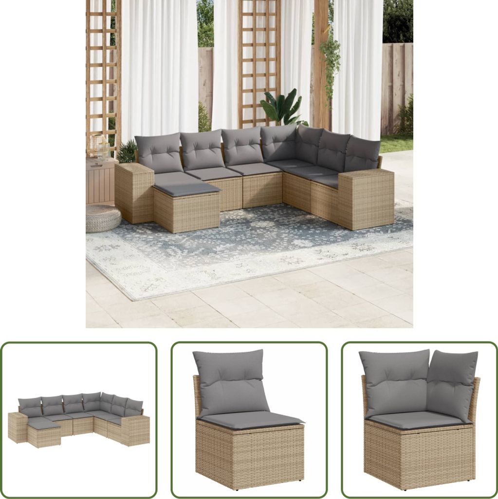 The Living Store 7-tlg. Garten-Sofagarnitur mit Kissen Beige Poly Rattan
