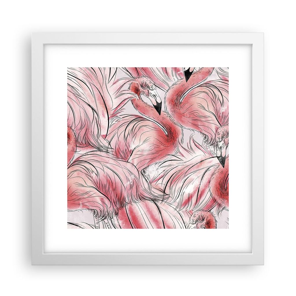 Gerahmtes Poster - Weißer Rahmen - Flamingo Pink Exotik - 30x30 cm - Wand Bild - Wanddeko - Wandbilder - Kunstposter - Wandposter - Bilderrahmen -...