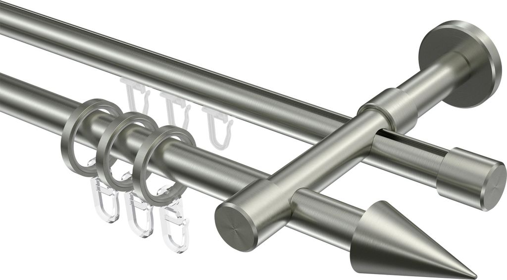 Interdeco Rundrohr-Innenlaufstange / Gardinenstange (Kombination) Edelstahl-Optik, Typ Sinux Scarano (Kegel), 16 mm Ø 2-läufig, 600 cm