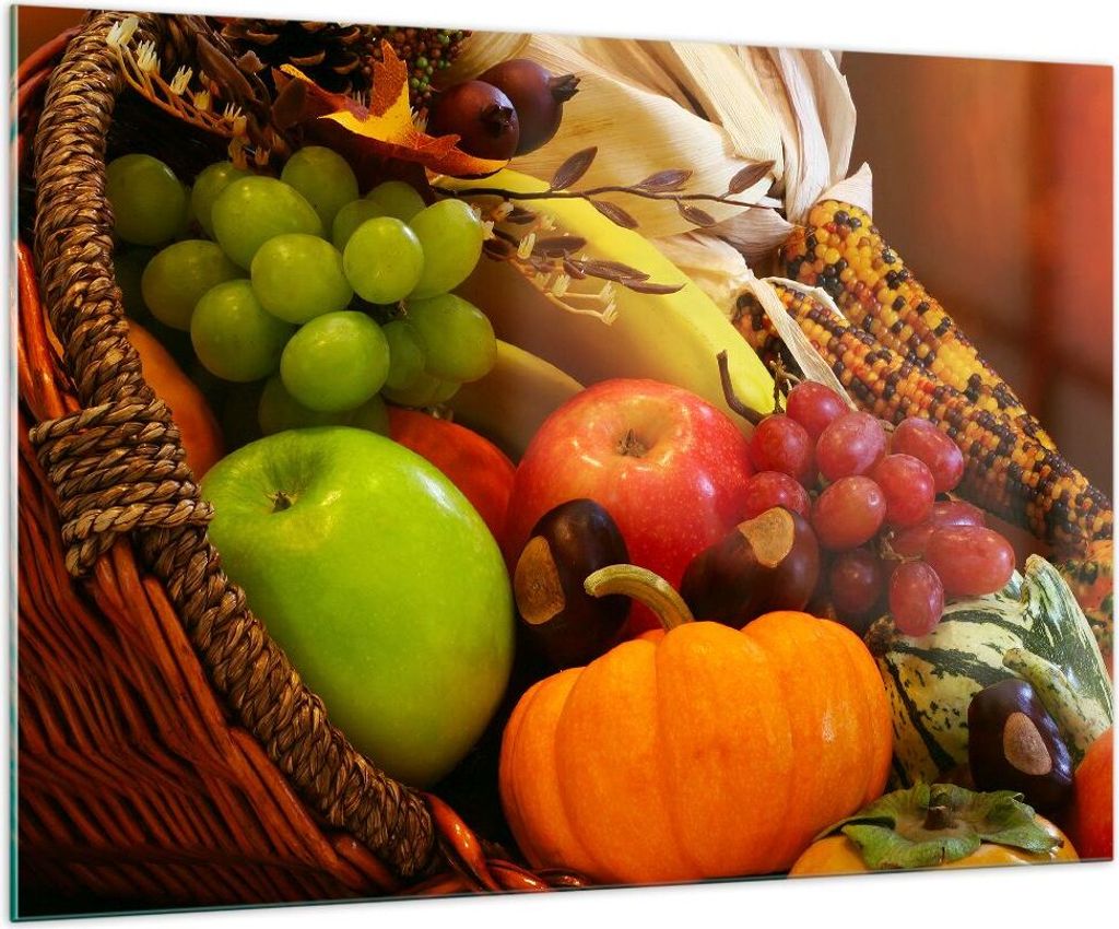 Bilder auf glas - Weidenkorb Obst Gemüse - 100x70cm - Glasbilder - Wandbilder - Kunstdruck - zum Aufhängen bereit - Wanddekoration aus Glas - Gla...