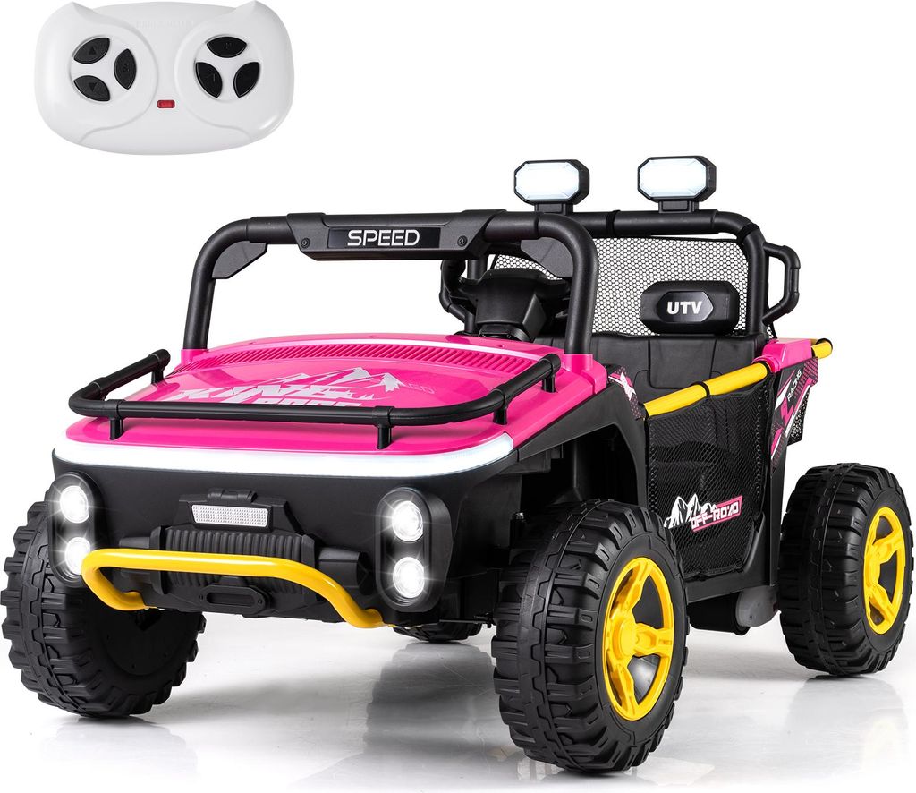 COSTWAY Elektroauto für Kinder 2-Sitzer, 24V Kinderauto elektrisch mit Hupe, Musik, Licht, Fernbedienung, Stauraum&Ziehstab für Kinder 3+ Rosa