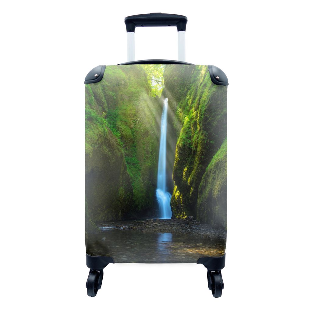 MuchoWow Koffer Handgepäck Trolley Rollkoffer Kleine Reisekoffer mit 4 Rollen - Wasserfall - Sonne - Grün - Cabin Size < 55x40x23 cm & 55x40x20...