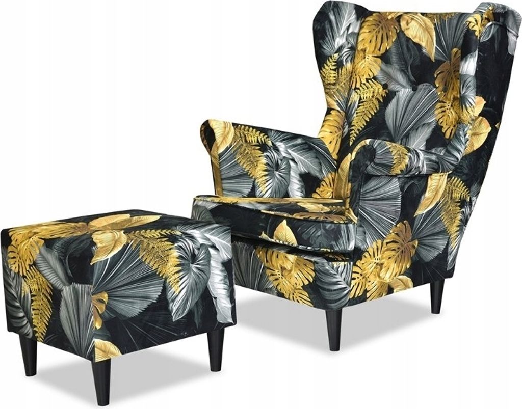 Family Meble Ohrensessel mit Hocker Print Relaxsessel Skandinavisch Bequemer Sessel Loungesessel Fernsehsessel Wohnzimmer Schlafzimmer Büro (POLY 3)