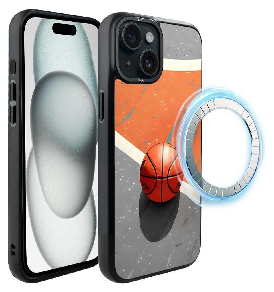Schutzhülle für das iPhone 15, MagSafe-kompatibel, mattschwarze Seiten, Basketball