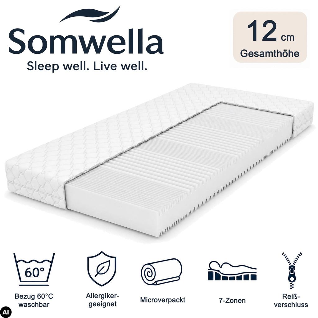 Somwella 7-Zonen-Matratze 12 cm, 90x200 cm, Härtegrad H3, Produktbild 