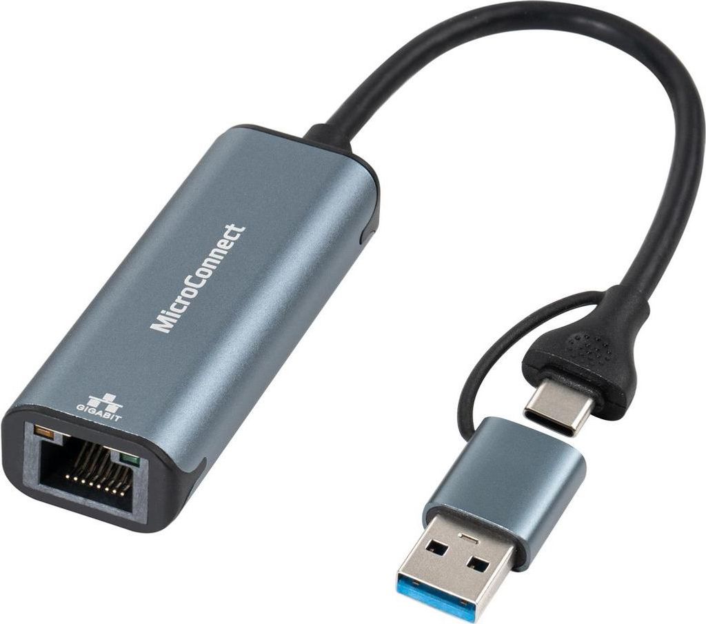 MicroConnect USB-C/A auf RJ45 Gigabit-Netzwerkadapter, MC-USBACNET1G