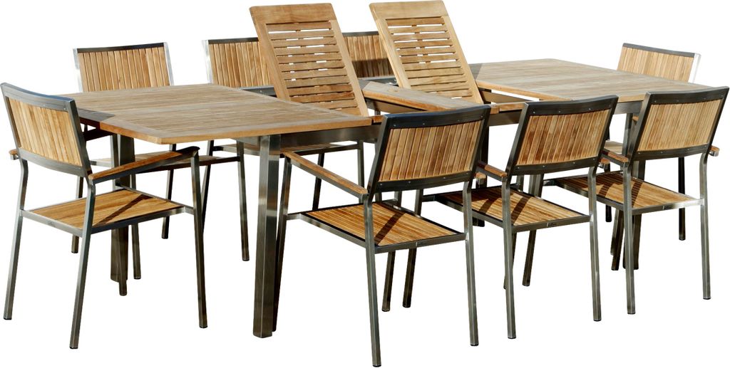 ALEOS. Gartengarnitur Edelstahl Teak Set Ausziehtisch 200-240-280x100 cm + 8 Teak Sessel A-Grade Teak Holz Serie KUBA Gastroqualität