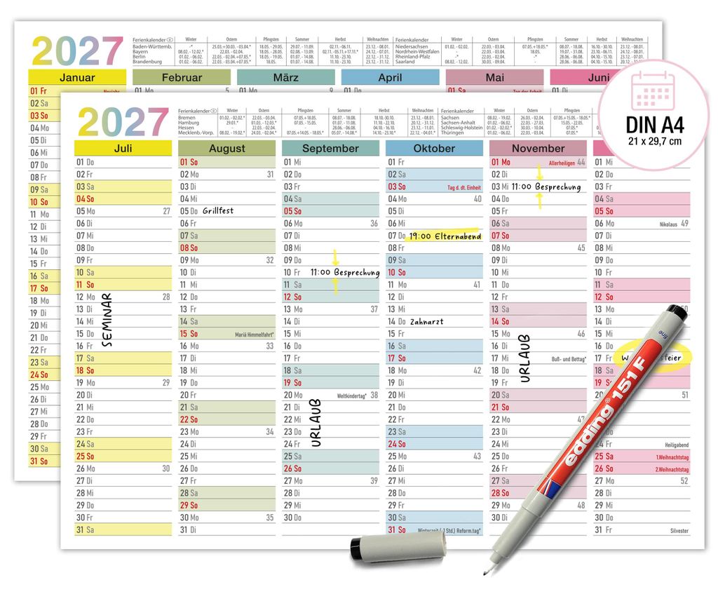 Tafelkalender 2027 abwischbar A4 Bunt - Wandkalender mit Produktbild 