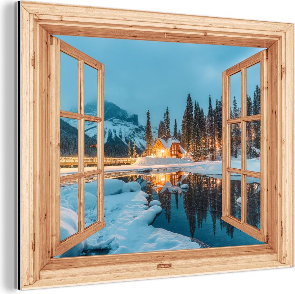 MuchoWow Wanddekoration Metall Metallbild Wandkunst 40x30 cm Winterlandschaft - Natur - Haus - Berge - Aussicht - Fenster MuchoWow Aluminium Gemäl...