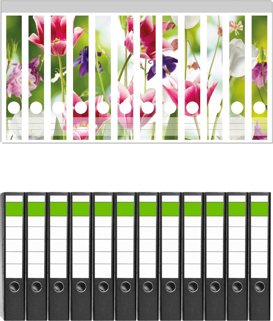 Wallario 12 Stück schmale Ordner inkl. Klebeetiketten mit Motive Blühende Blumen im Frühling in pink und weiß - Set mit Rückenschildern / Ordn...