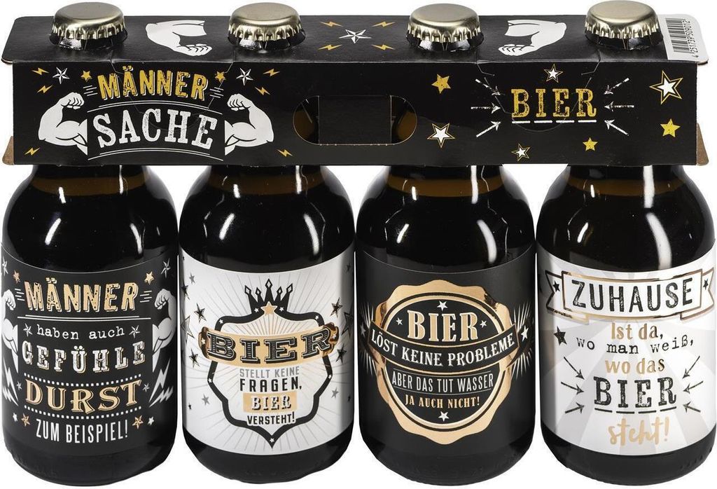 Bier Männer / 4er Träger "Männersache" / Witzige Sprüche/Kupferveredelung/Partygeschenk / 4 Lustige 0,33l Bierflaschen