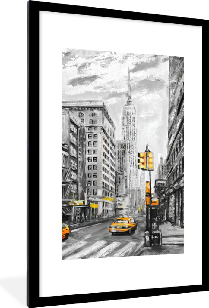 MuchoWow Gerahmtes Poster Malerei - Stadt - Auto - Gelb 60x90 cm - Poster mit Schwarzem Bilderrahmen Wandposter Rahmen Foto Bilder - Dekoration -...
