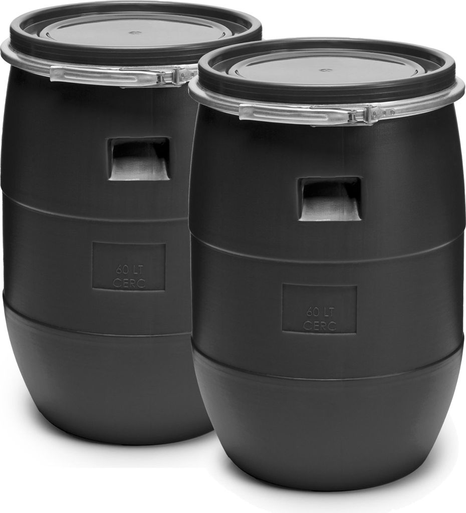 Garronda 2x 60L Plastikfass Schwarz Lebensmittelfass aus HDPE-Kunststoff Regentonne für Garten GD-0122