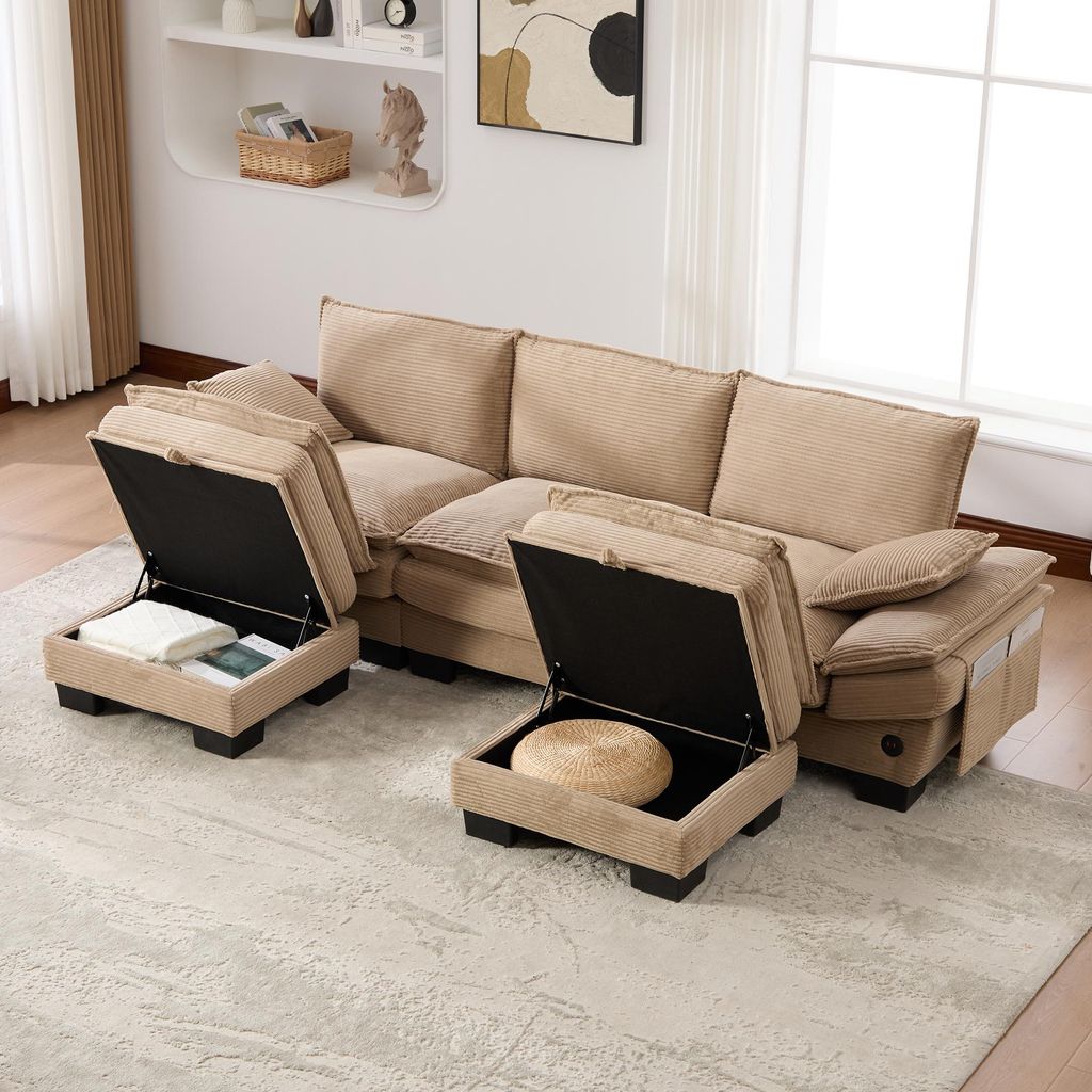 MODFU Dreisitzer Sofa mit USB und C-Anschluss Loungesofa mit zwei Hocker breiter Sitzfläche Corduroy Modulares Sofa mit Seitentaschen für das Woh...