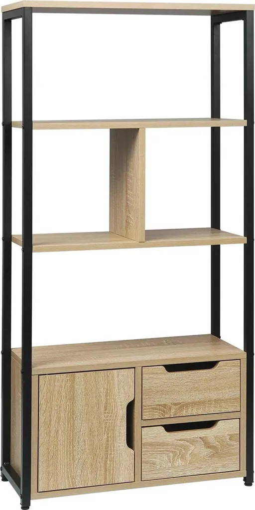 Étagère sur pied d'angle avec 3 tiroirs et placard coloris chêne