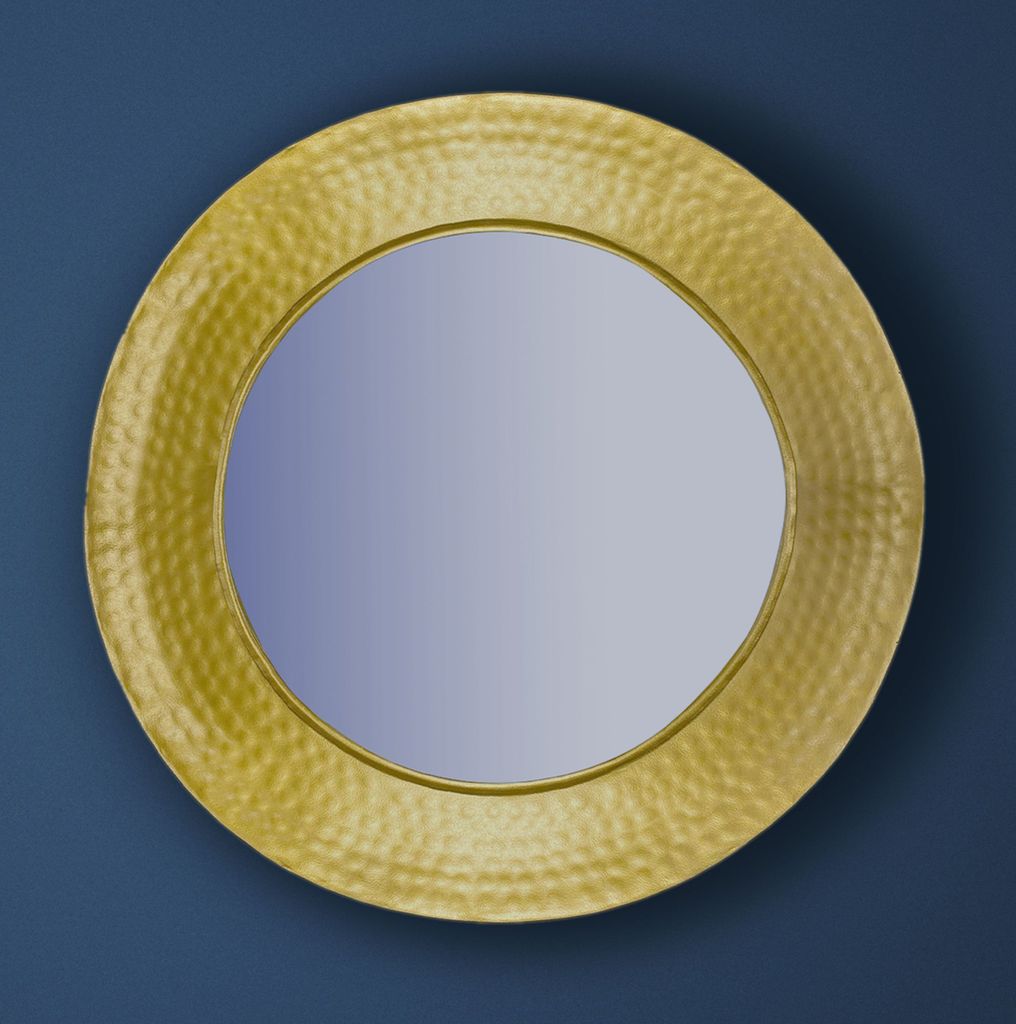 FineBuy Design Wandspiegel rund gold 60 cm groß - Flur Spiegel mit Goldrahmen Hammerschlag - Dekospiegel modern für die Wand - Garderobenspiegel