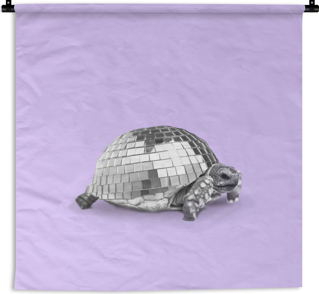MuchoWow Wandteppich Wandbehang Schildkröte - Discokugel - Disco - Tier - Lila 120x120 cm Tapisserie Dekoration Wandtuch - Modern - Baumwollgewebe