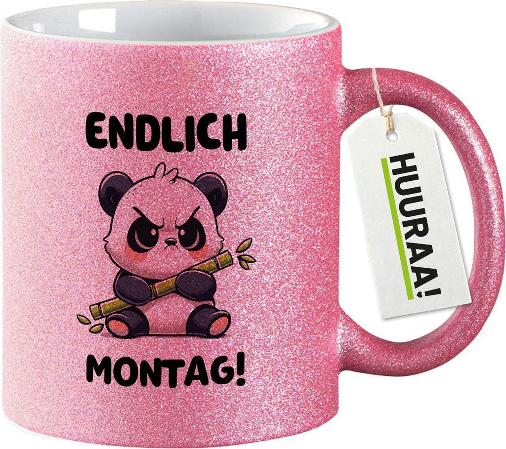 Huuraa Glitzertasse Endlich Montag grimmiger Panda 330ml Pink Keramik Kaffeebecher Geschenkidee