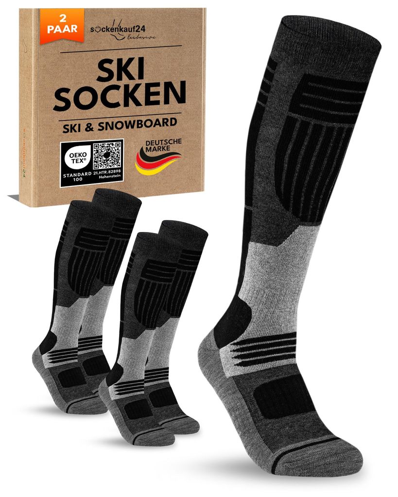 Herren Skisocken Merino mit Polsterung 2 Paar Thermo Winter Kniestrümpfe - 70302T Schwarz 43-46