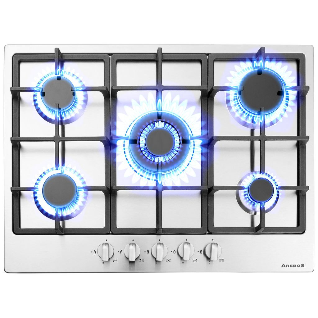 AREBOS 5‐Flammen Gaskochfeld | Edelstahl Einbaukochfeld | Automatische Zündsicherung | Für Erd- & Propangas | Autark, effizient & energiesparend