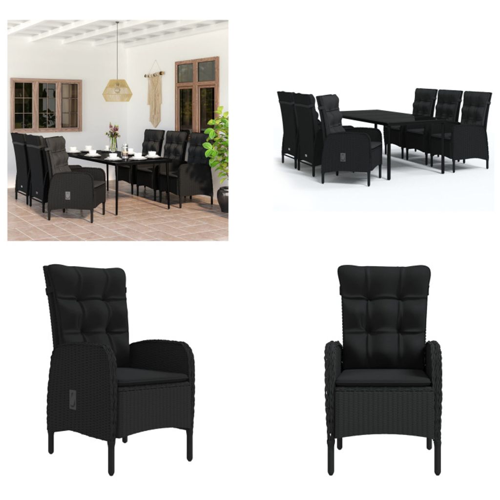 vidaXL 7 tlg. Garten Essgruppe mit Kissen Schwarz - Garten Essgruppe - Garten Essgruppen - Gartenmöbel Set - Garten Möbelset