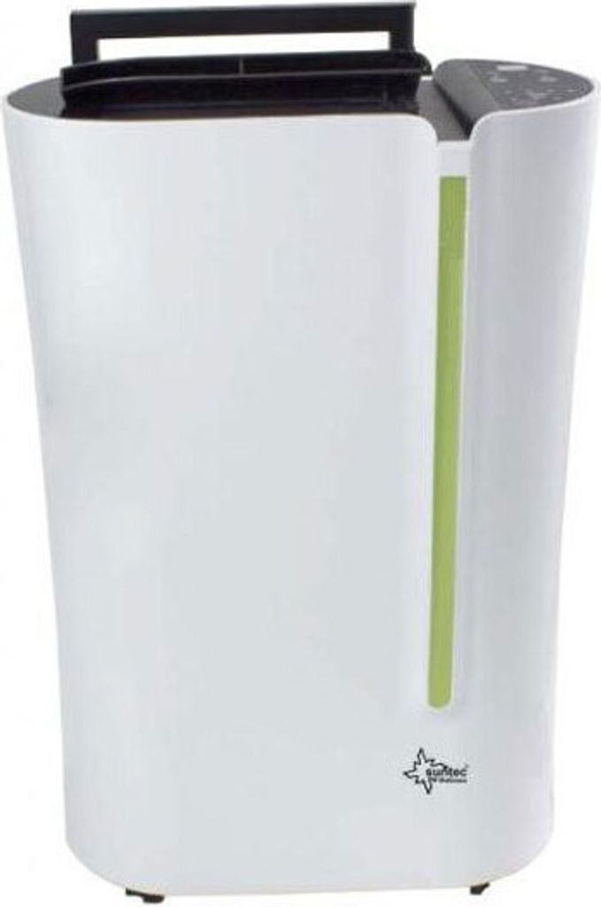 A white dehumidifier with a black handle on top and a green vertical indicator on the side.