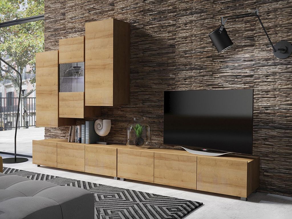 Wohnwand CALABRINI-17 Wohnzimmer-Set Hängewohnwand Schrankwand mit LED-Beleuchtung TV-Schrank Vitrine Moderne Anbauwand Hochglanz (Eiche Gold)