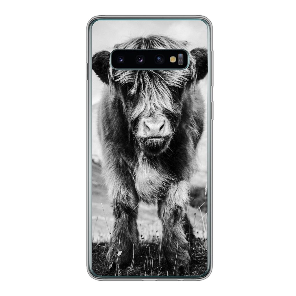 MuchoWow Handyhülle Schutzhülle Hülle für Samsung Galaxy S10 Schottischer Highlander - Berg - Schwarz - Weiß Silikon Softcase Handy Hülle -...