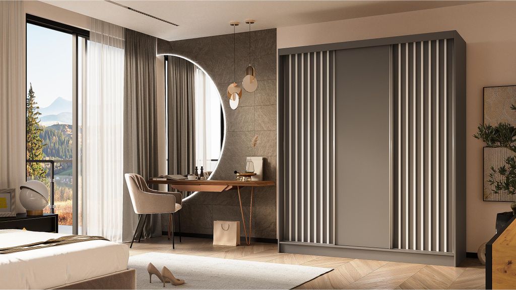 Kleiderschrank mit Lamellen LINEA 180 cm Grauer Schiebekleiderschrank mit weißen Lamellen an der Front Glatter dreitüriger Kleiderschrank mit Lam...