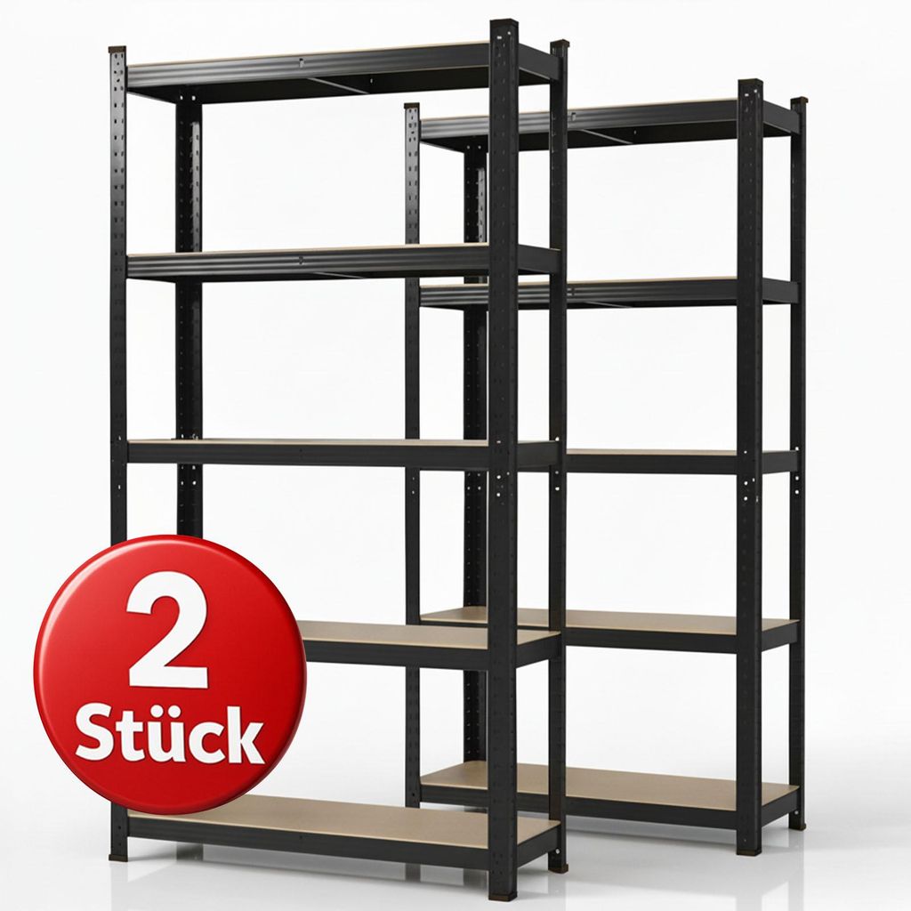 Karat Schwerlastregal Lakota, 2er Set Metallregal mit 5 Böden, 875 kg Traglast, Steckregal für Keller, Garage & Werkstatt – Schwarz 200x100x50 cm