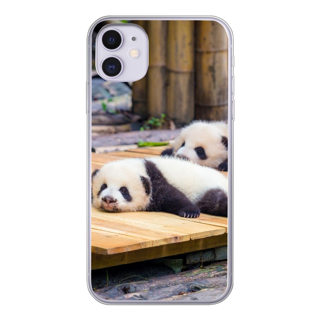 MuchoWow Handyhülle Schutzhülle Hülle für iPhone 11 Pandas - Boden - Holz Silikon Softcase Handy Hülle - Handytasche