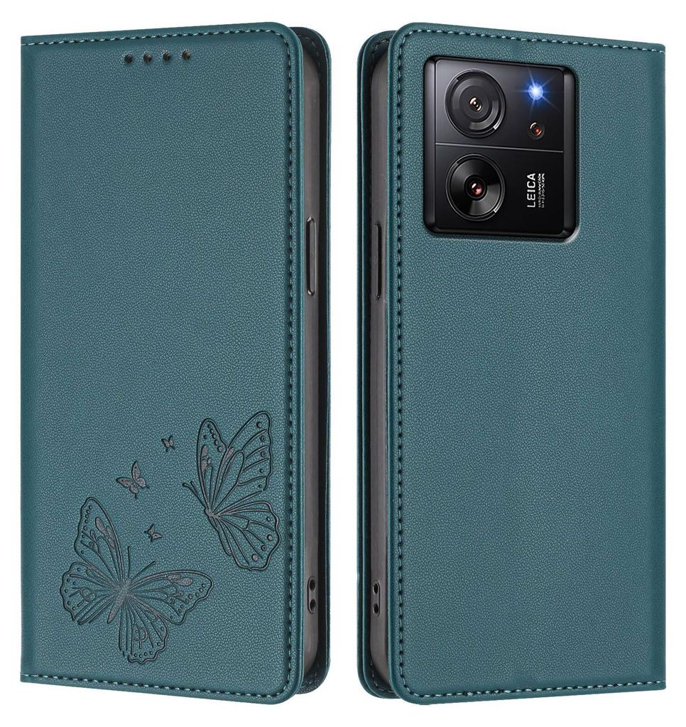 Lederhülle für Xiaomi 13T /Xiaomi 13T Pro, Schmetterling Prägung Leder Brieftasche Schutzhülle mit Ständer Grün