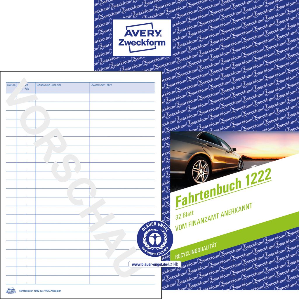 Avery Zweckform 1222, Fahrtenbuch, für PKW, A5, Produktbild 