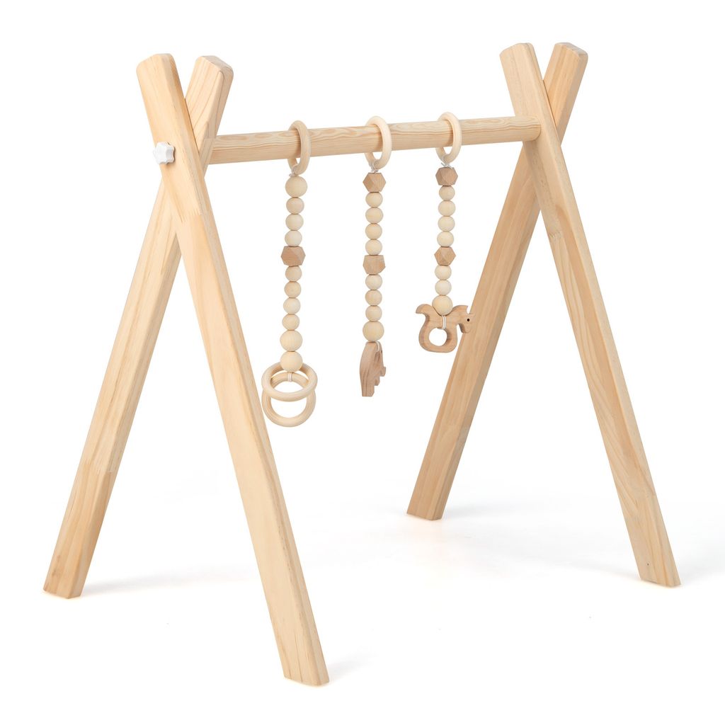 GOPLUS Baby Gym Spieltrapez, Baby Fitnesstrainer aus Holz, mit Spielzeug, Spiel- & Greiftrainer, für Kinder über 3 Monate