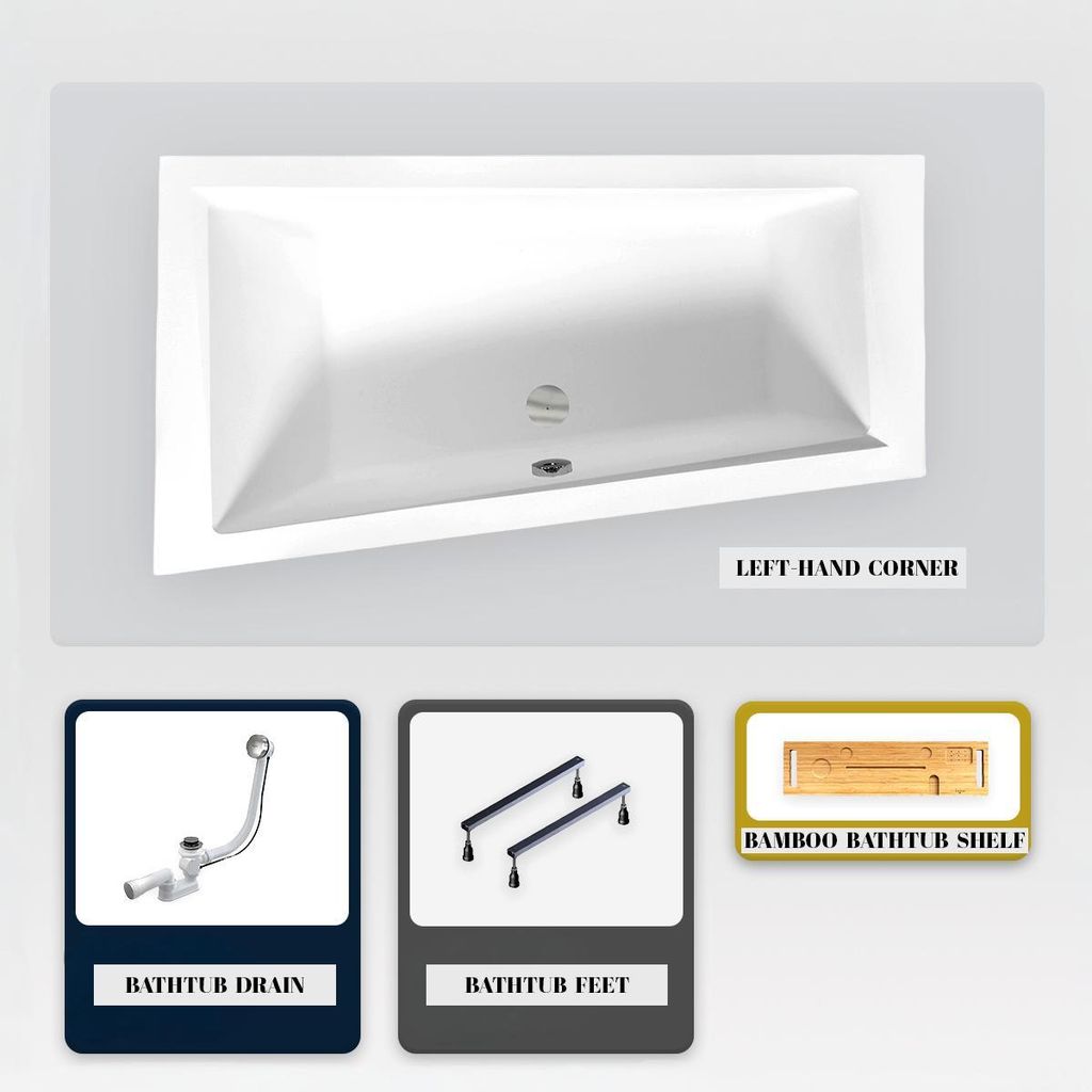 Asymmetrische Badewanne - 150 x 85 cm - Links - ohne Verkleidung - mit Füßen - Bambusablage - Ablaufgarnitur Chrom - INTIMA
