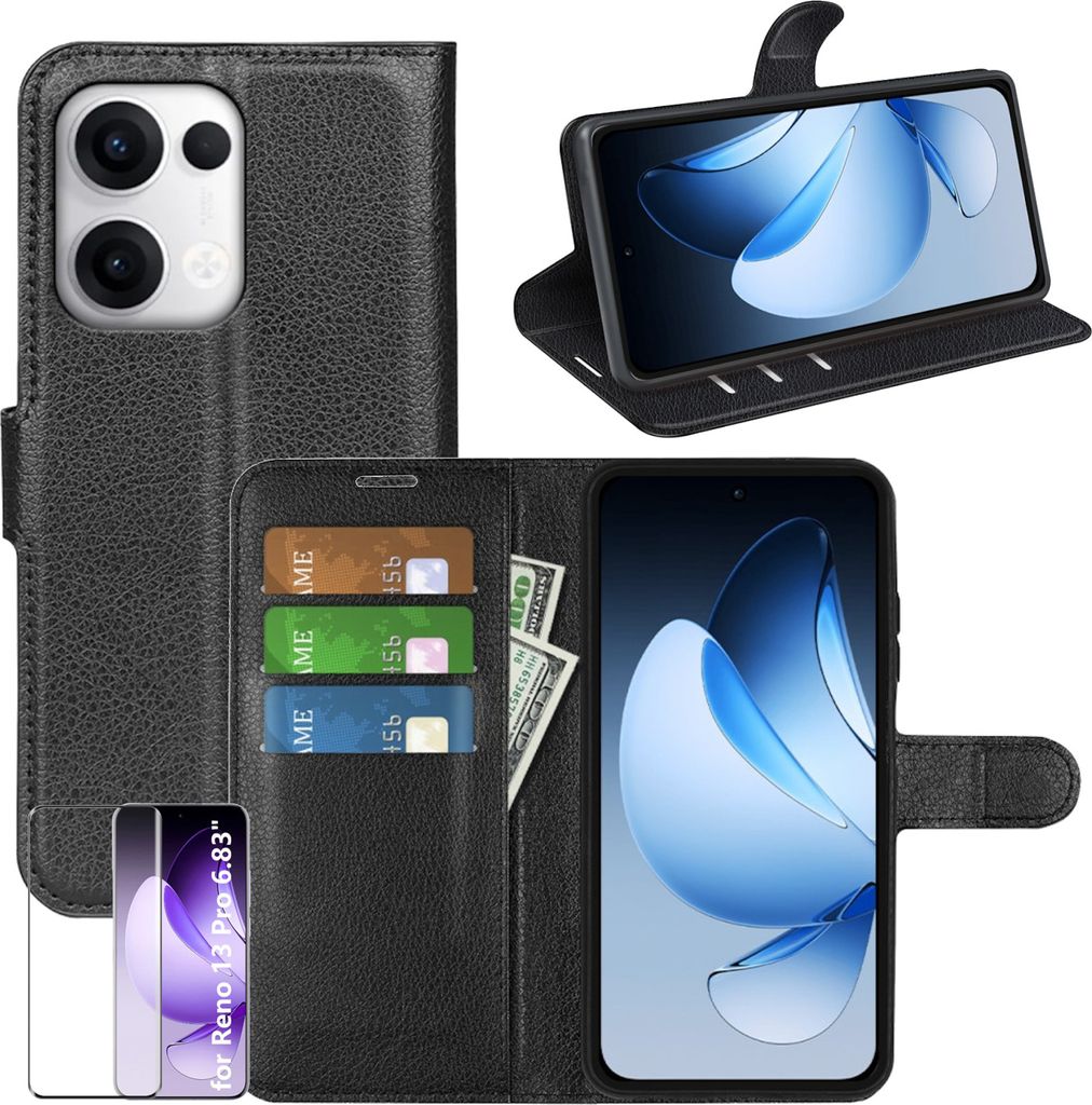 Für Oppo Reno 13 Pro 5G Handy Tasche Schwarz Etuis Kunst-Leder Hülle Case + 4D Curved H9 Hart Glas