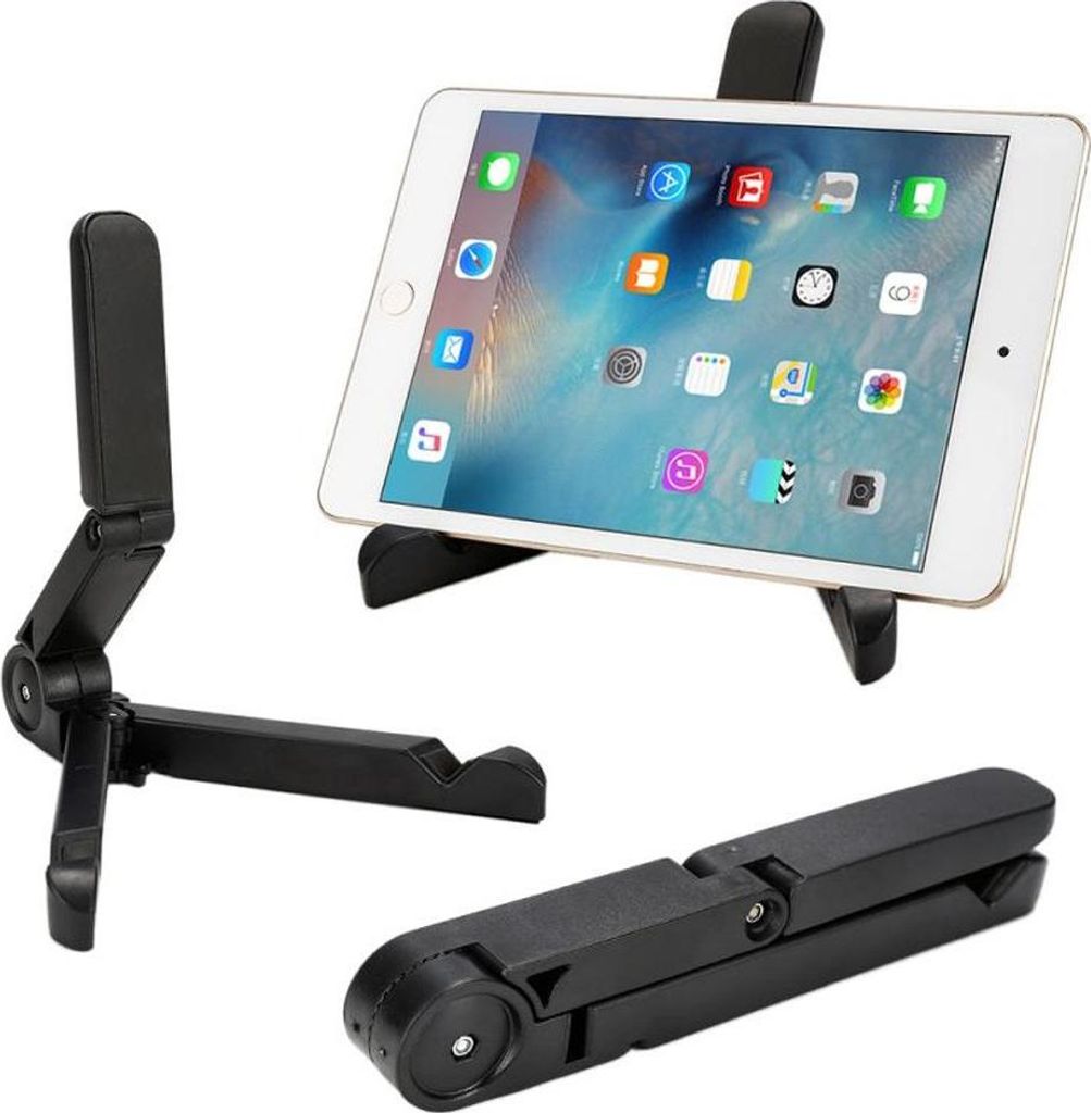 A black tablet stand is shown in three different configurations, with a tablet placed on one of the stands.
