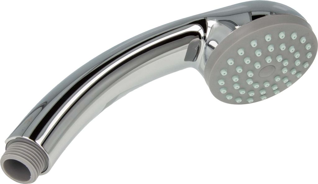 A chrome-plated hand shower head with a gray nozzle plate, shown against a white background.