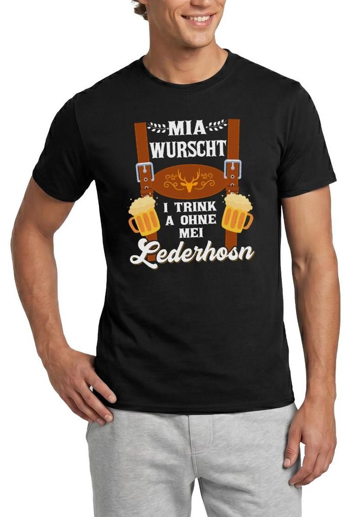 Spreadshirt Trachtenshirt Mia Wurscht I Trink Ohne Mei Lederhosn Männer T-Shirt, S, Schwarz
