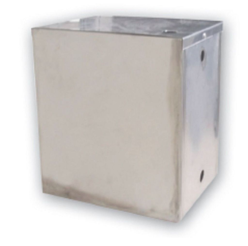 A silver, cube-shaped expansion tank is shown against a white background.