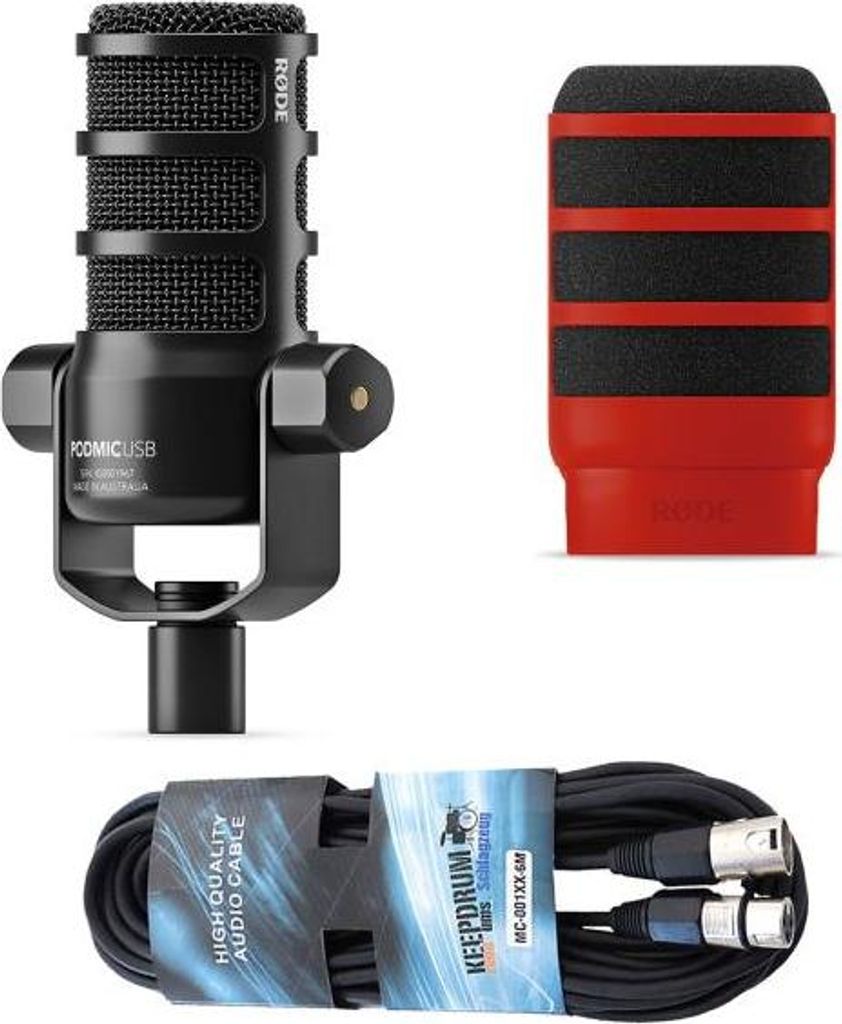 Rode Mikrofon Podmic USB mit WS14R Popschutz Rot und Kabel