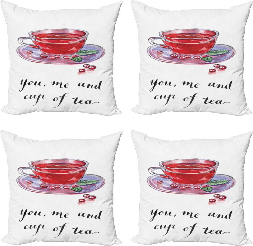 ABAKUHAUS Cranberry Kissenbezug Set (4 Stück), Sie Me und Tasse Tee, Moderner Doppelseitiger Digitaldruck, 45 cm x 45 cm, Mehrfarbig