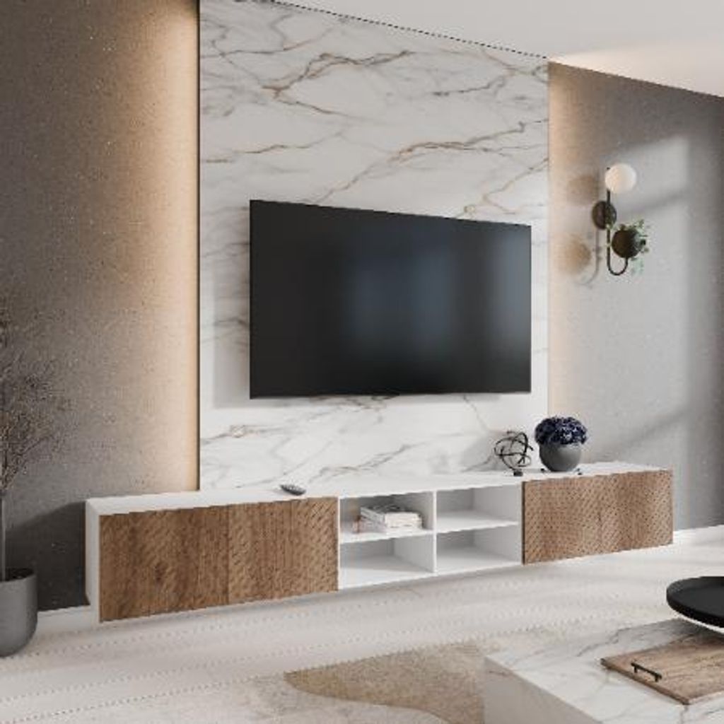 Margaret Hadas24 TV-Schrank Nicole IV Fernsehschrank TV-Lowboard 300 cm Hängend modernes Design Wohnzimmer Wandmontage, TV Möbel weiß, catania