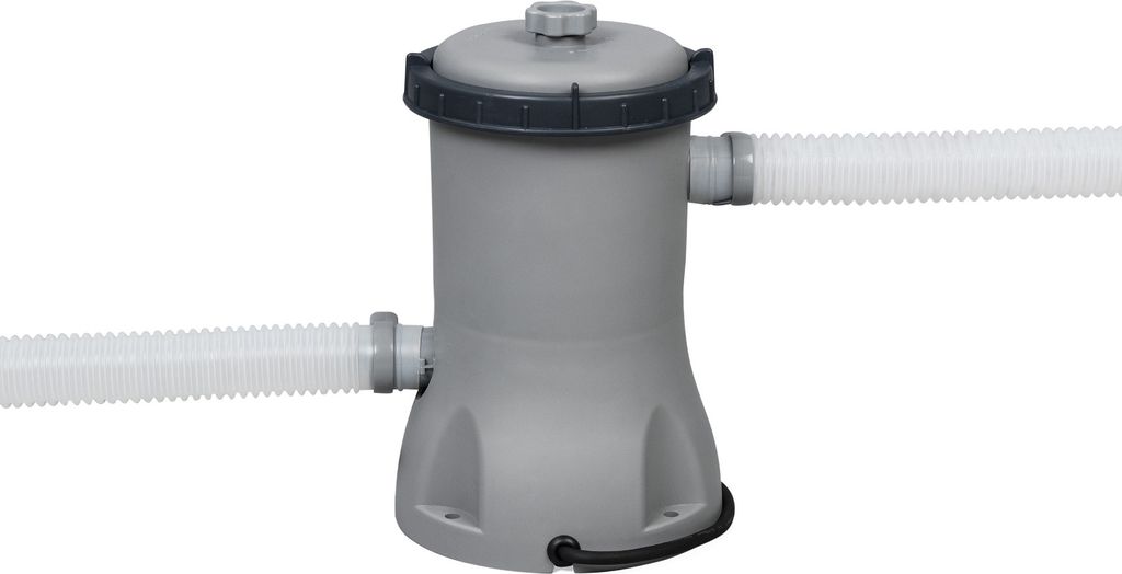 A gray swimming pool filter pump with two white hoses attached, shown against a white background.