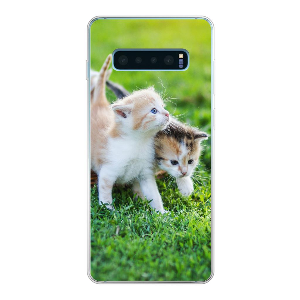 MuchoWow Handyhülle Schutzhülle Hülle für Samsung Galaxy S10 Plus Kätzchen - Katze - Korb - Mädchen - Kinder - Jungen - Kinder Silikon Soft...