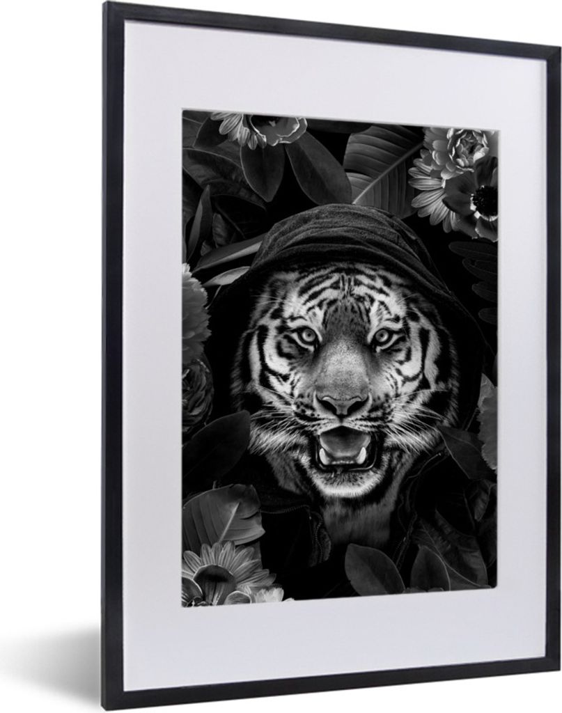 MuchoWow Gerahmtes Poster Tiger mit Kapuze zwischen Blumen - schwarz und weiß 30x40 cm - Poster mit Schwarzem Bilderrahmen Wandposter Rahmen Fot...