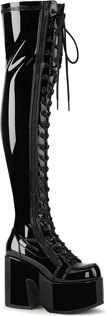 A single black patent leather boot with a platform sole and laces.