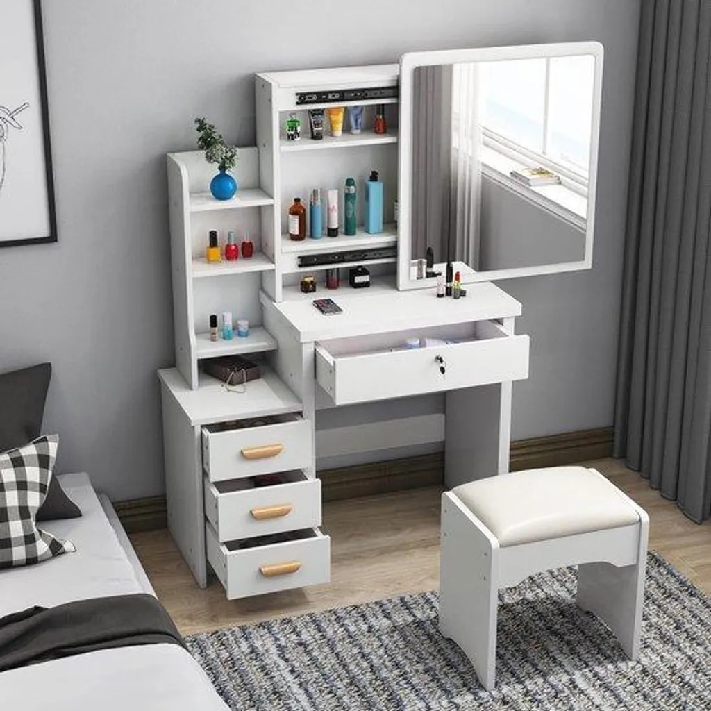 Table de maquillage fonctionnelle, miroir et rangements pour cosmétique
